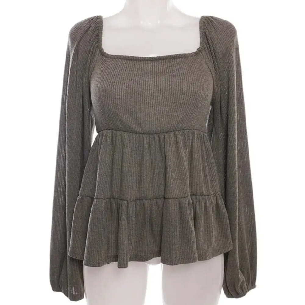Altar'd State Gray Peplum Blouse with Long Sleeves